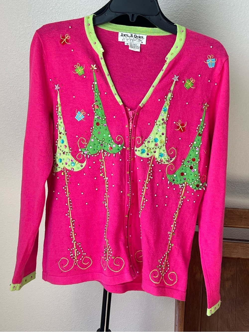 Jack B Quick Hot Pink Knit Top with Lime Christmas Trees Zip Up Sweater Size S